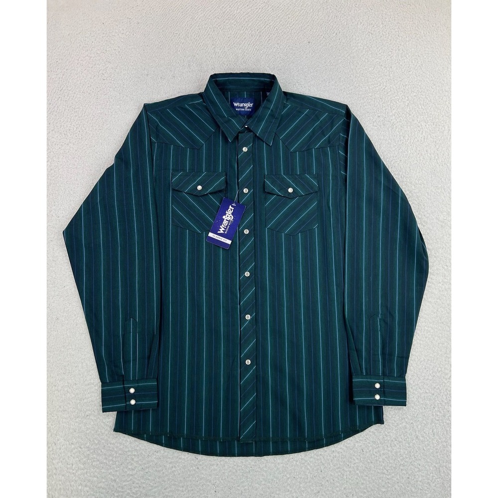 Wrangler Shirt Mens 2XL Green Striped Western Pearl Snap Long Sleeve Classic Fit